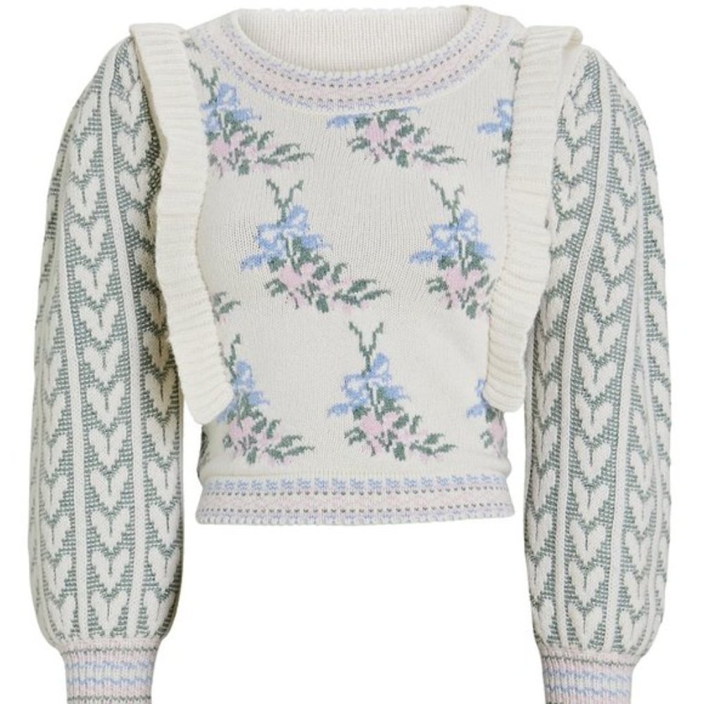 Loveshackfancy Warwick knit sweater floral ruffle hearts XS - Picture 6 of 17